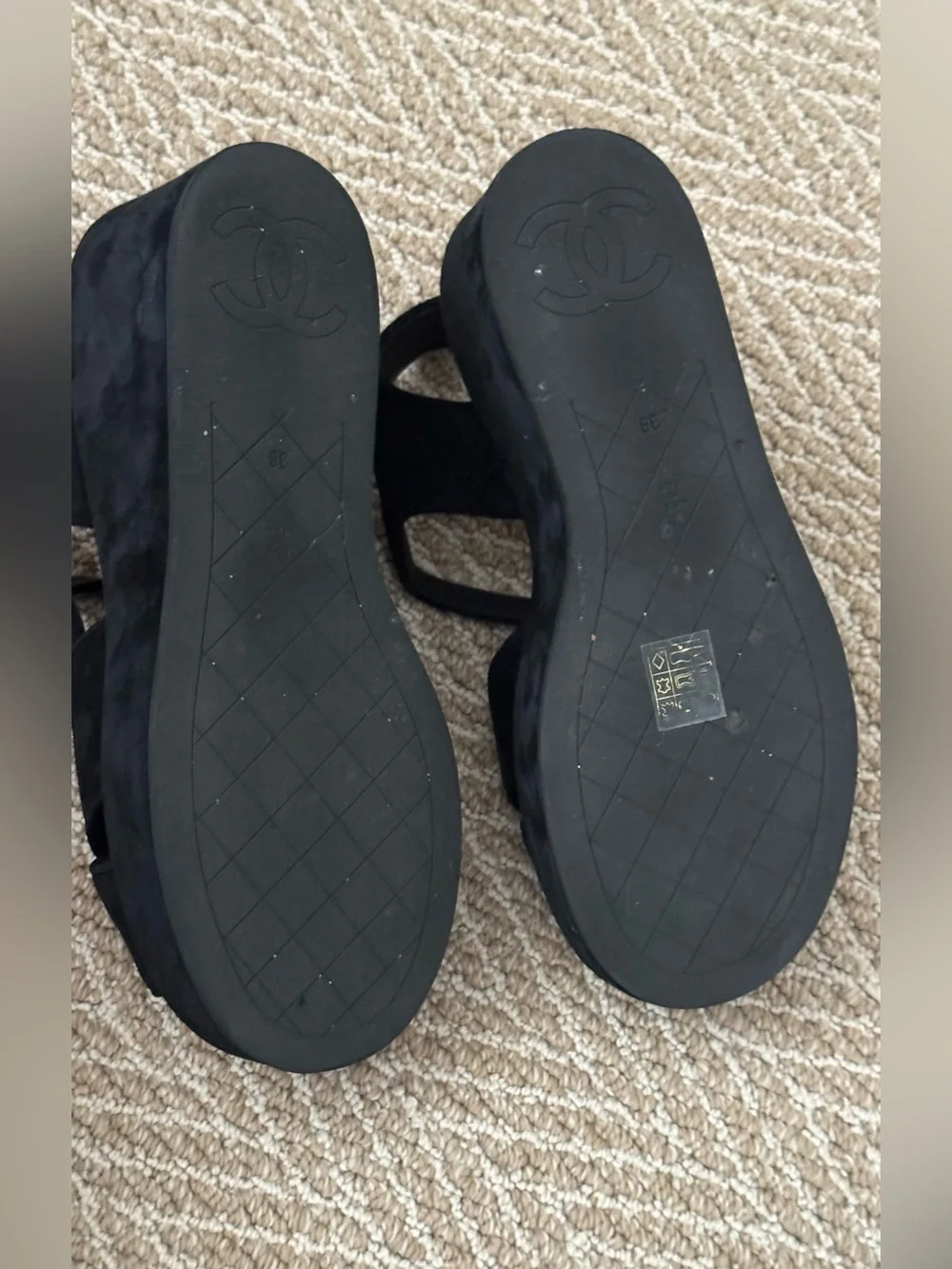 CHANEL Black Suede Slingback platform Sandals with rhinestone CC and Buckle